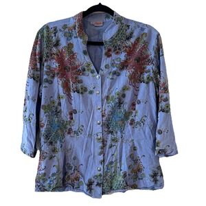 Tianello Blue Floral 3/4 Sleeve Mandarin Collar Button Princess Cut Womens Large